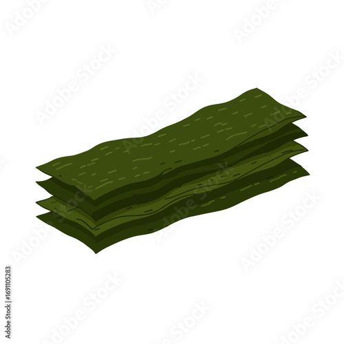 Stack of dried nori seaweed sheets sitting on white surface, ready for sushi preparation in Japanese cuisine, healthy and nutritious ingredient.