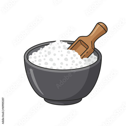 Bowl of sugar with wooden scoop sitting on white surface, depicting simple kitchen ingredient for baking, creating a sweet and minimalist food concept.