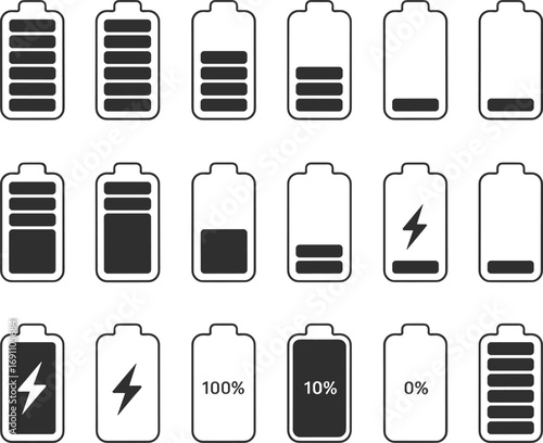 Battery charge level icons set showing full, medium, low, and empty power status with percentage and lightning bolt charging symbols