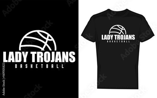 Dynamic lady trojans basketball mascot silhouette banner design for school team promotion and sports advertising