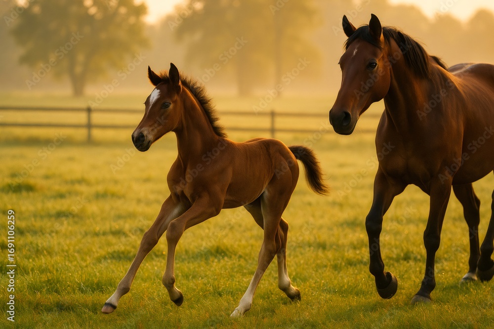 Obraz premium Brown foal running in a green field at sunrise with its mother, creating a heartwarming rural scene