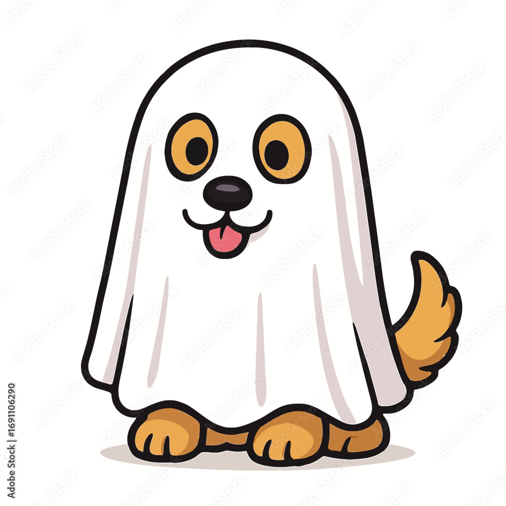 Fototapeta premium Vector art of cute cartoon dog dressed as a ghost, sitting and smiling with its tongue out