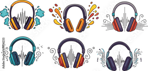 Colorful headphones vector illustration with sound waves, splash effects, and music elements, ideal for audio, podcast, or music-themed design projects.
