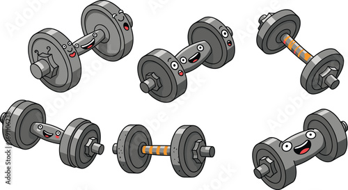 Cute cartoon dumbbells illustration, smiling gym weights, fitness icons for kids, funny workout clipart, strength training cartoon, happy gym equipment vector