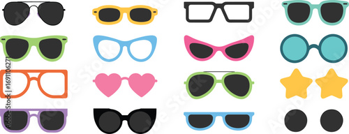 Colorful sunglasses vector illustration set with different stylish eyewear frames, fashion accessories, retro glasses, modern design for summer, holiday, beach