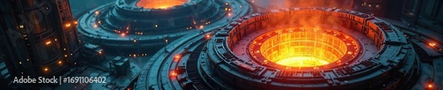 Futuristic radiation power plant generating clean energy, glowing reactor core visible through protective shielding, high-tech sustainable technology , alternative energy, eco-friendly