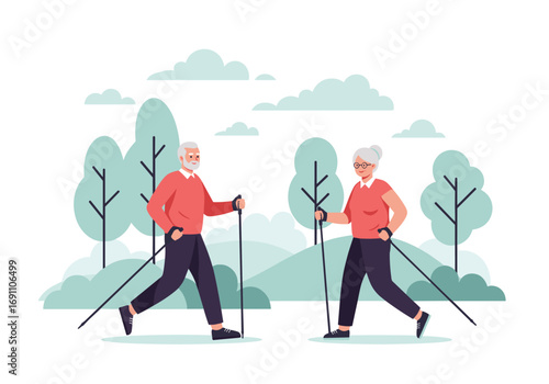 Senior couple enjoying a brisk nordic walking exercise session outdoors in a park