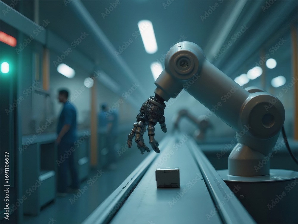 Obraz premium ロボットアームによる製造ラインでの立方体の精密な処理と労働者の立ち仕事の光景