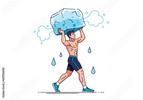 Strong man carrying giant ice block under heat symbolizing hydration and coolness