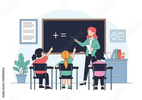 Young students actively participating in mathematics lesson guided by their teacher