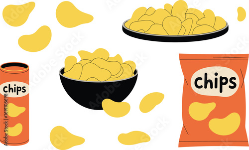 Crispy potato chips vector illustration set with snack bowl, packet, can, crunchy food design for fast food, snack, restaurant themes