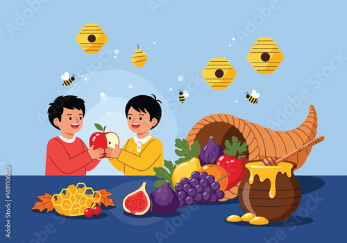 Two young boys share a juicy apple and a bowl of sweet honey during autumn harvest festival celebration
