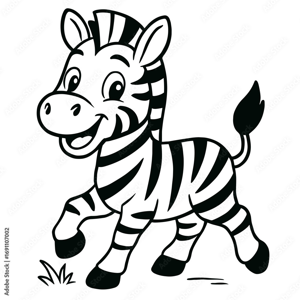 Fototapeta premium Cute zebra cartoon character smiling while trotting on grass - Concept of coloring page 