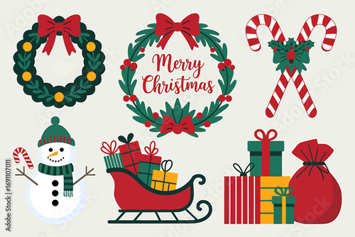 Vector art of christmas elements including a snowman, sleigh with gifts, candy canes, and wreaths