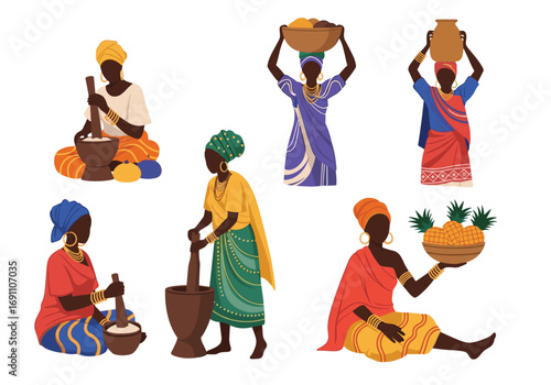 Diverse african women engaging in traditional daily life activities