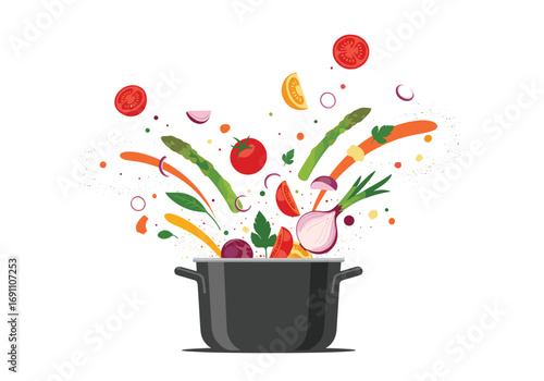 Fresh ingredients exploding out of a cooking pot creating a colorful culinary splash