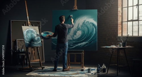 Male artist painting ocean wave on canvas in art studio with natural light