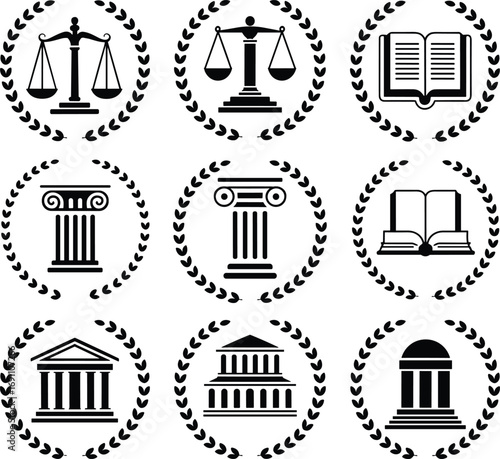 Legal justice icons collection with scales, law books, courthouse, columns, laurel wreaths, black silhouette style for lawyers and institutions