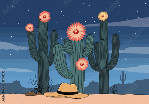 Vibrant desert saguaro cactus blooms under a starry twilight sky