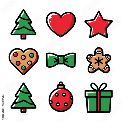 Vector art of nine flat christmas icons including a christmas tree, heart, star, gingerbread heart cookie, bow, gingerbread man, bauble, and gift box