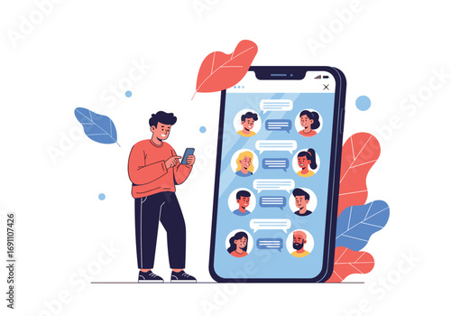 Man using smartphone to send messages on a large mobile device displaying social network chat