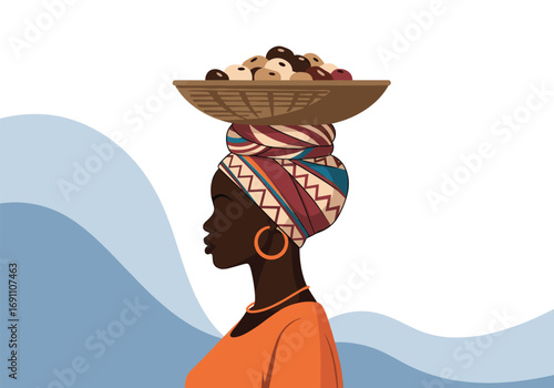 Woman carrying basket of food on her head wearing traditional african headscarf