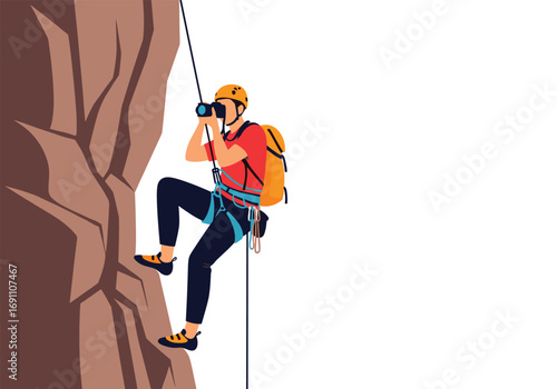 Adventurous photographer captures scenic mountain vistas while rock climbing safely