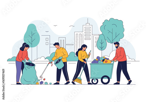 Community members actively participate in a street cleaning event cleaning up the neighborhood with trash bags and a cart
