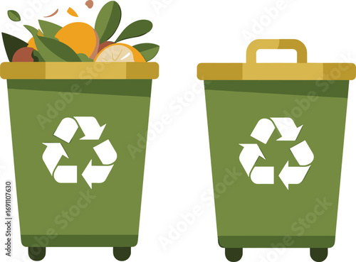 Green recycling bin vector illustration with organic waste, garbage container, eco-friendly trash can, sustainability symbol for environment, waste management, ecology
