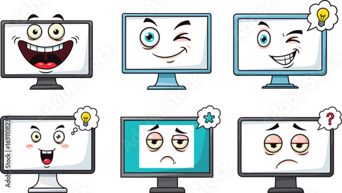 Funny cartoon computer monitor faces, expressing emotions, ideas, confusion, happiness, winking, boredom, creativity, digital screen expressions, tech emoji concept