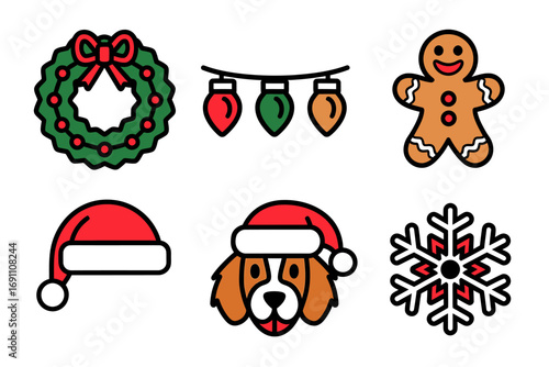 Vector art of collection of festive christmas icons including a wreath, string lights, gingerbread man, santa hat, dog wearing a santa hat, and a snowflake, perfect for holiday designs
