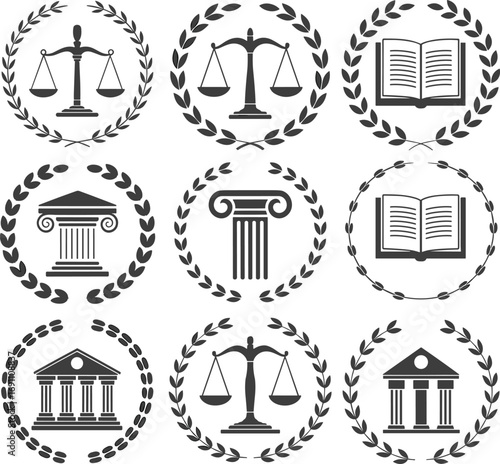 Elegant laurel wreath icons featuring justice scales, law books, and classical architecture symbols for legal, educational, and governmental vector design themes