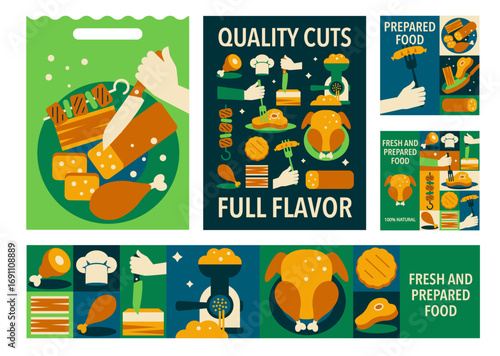 Geometric meat shop posters and promo designs. Abstract mosaic, fresh and prepared food ad templates