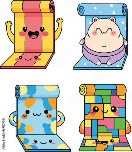 Kawaii yoga mat cartoon characters, colorful fitness mats with faces, cute exercise vector set, fun workout illustration, playful training accessory design