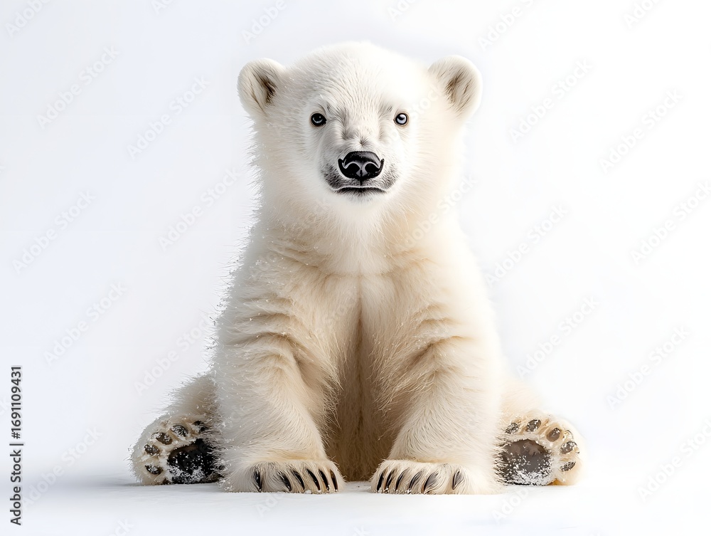 Fototapeta premium High key portrait of an adorable polar bear cub sitting in a bright white studio with ample copy space