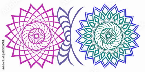 Two floral spirals in purple and green with a purple butterfly shape in the middle art design