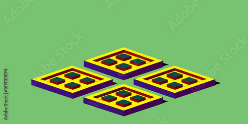 Isometric view of four platforms each containing five squares on a light green background scene