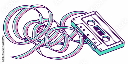 A cassette tape with a tangled ribbon in shades of pink teal and white on a white background art