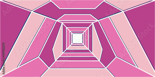 Abstract geometric tunnel with pink and magenta hues creating a perspective view to a bright center