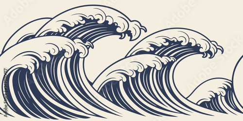Illustration of stylized ocean waves with dark blue outlines and a light beige background color scheme