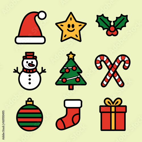 Vector art of collection of nine colorful christmas icons including a santa hat, star, holly, snowman, tree, candy canes, ornament, stocking, and gift box on a light yellow background