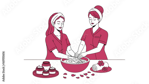 Serene woman receiving a golden facial mask treatment from two attentive spa therapists in a luxurious beauty salon setting