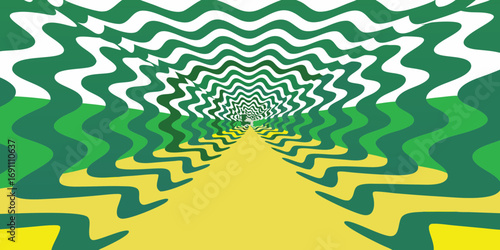 Abstract perspective view of a path with green and white distorted wavy lines creating a tunnel effect