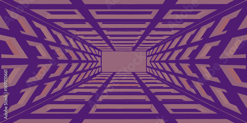 Perspective view of a purple and tan geometric tunnel with repeating rectangular patterns and central opening