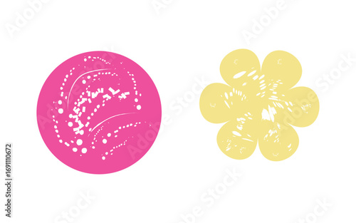 Abstract pink circle and yellow flower on white art on white background