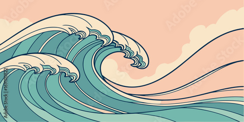 Illustration of a large ocean wave with a cream colored crest against a light pink cloudy sky backdrop