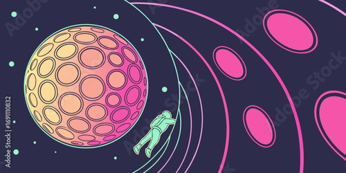 Astronaut floating in space near a pink and yellow planet with circular patterns and curved lines around it
