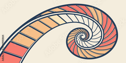Stylized nautilus shell with segmented color gradient from red to yellow on a light cream background