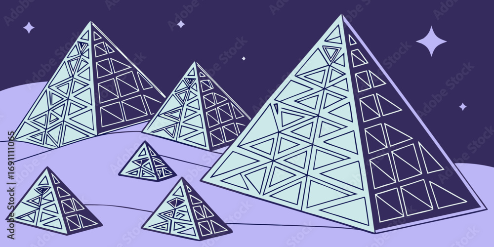 Fototapeta premium Stylized pyramids with triangular patterns under a starry night sky in a simple flat design style