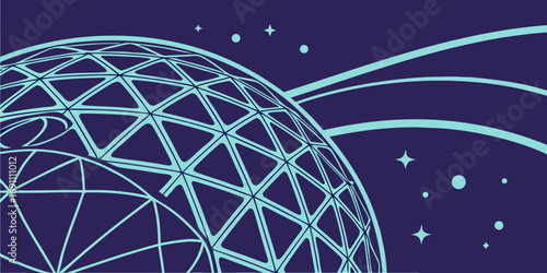 Geometric sphere with triangular patterns and curved lines against a dark blue starry background